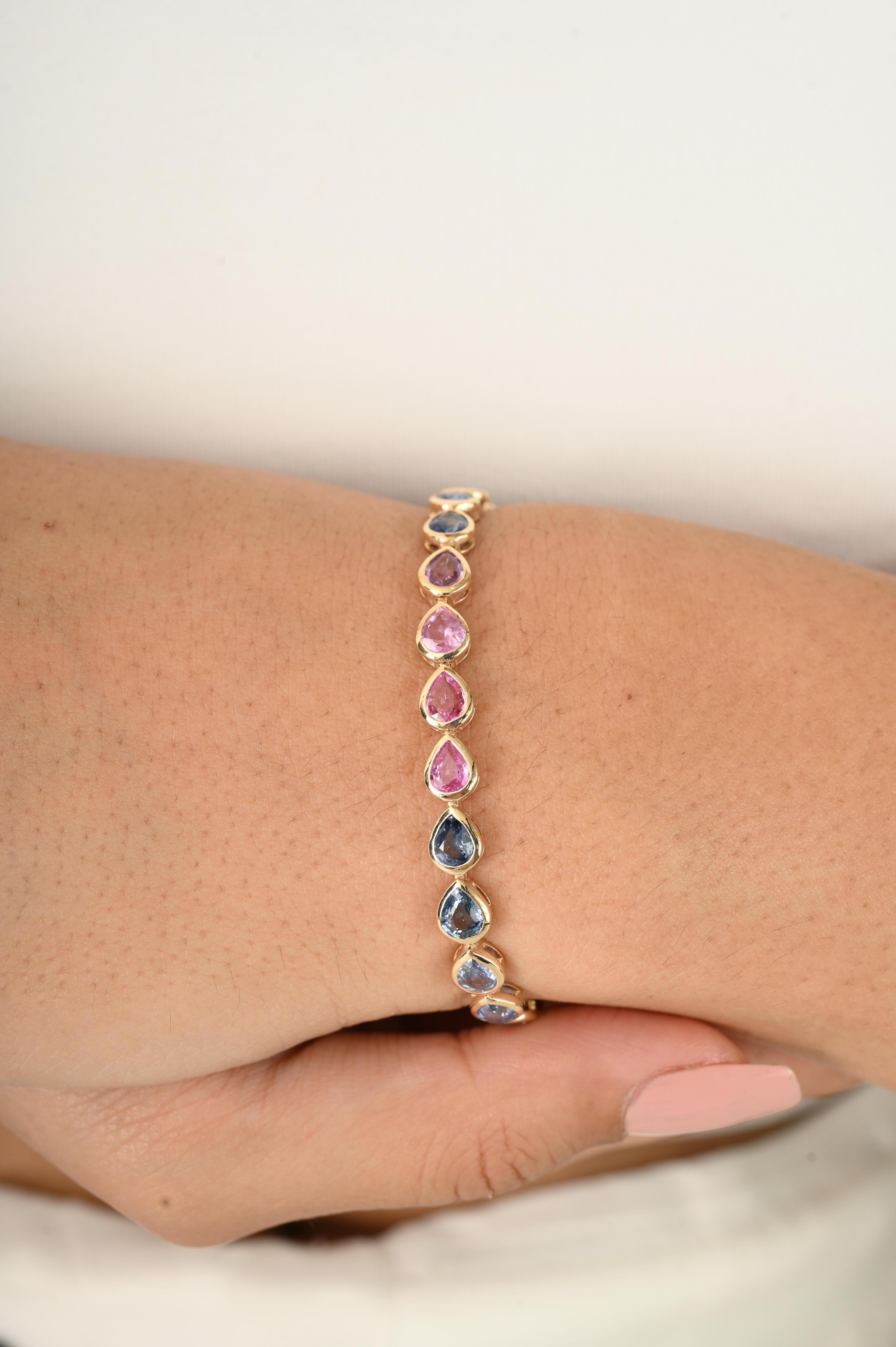 Pear Cut Handcrafted 10Ct Pear Natural Multi Sapphire Tennis Bracelet in 14k Yellow Gold For Sale