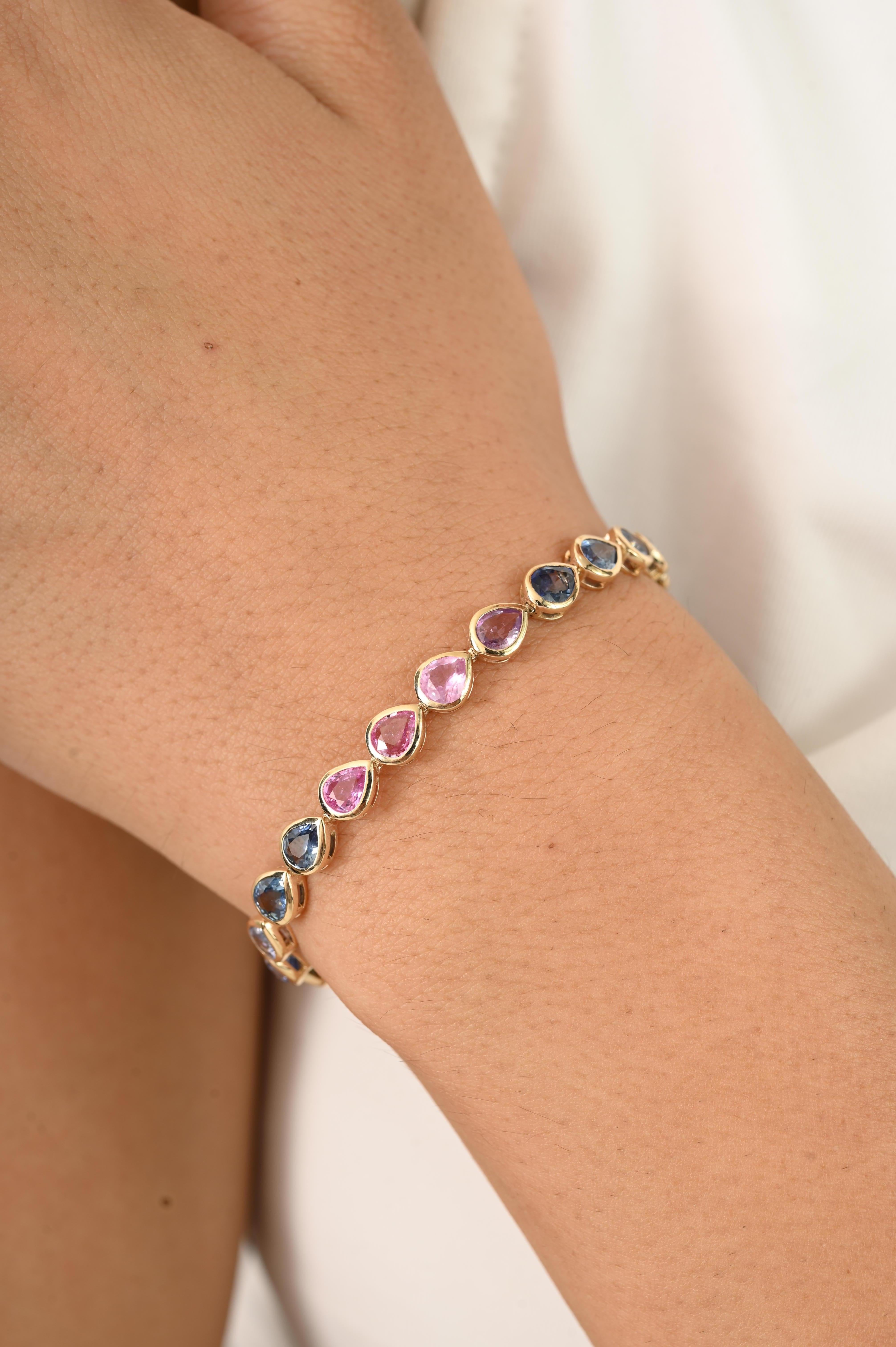 Women's Handcrafted 10Ct Pear Natural Multi Sapphire Tennis Bracelet in 14k Yellow Gold For Sale