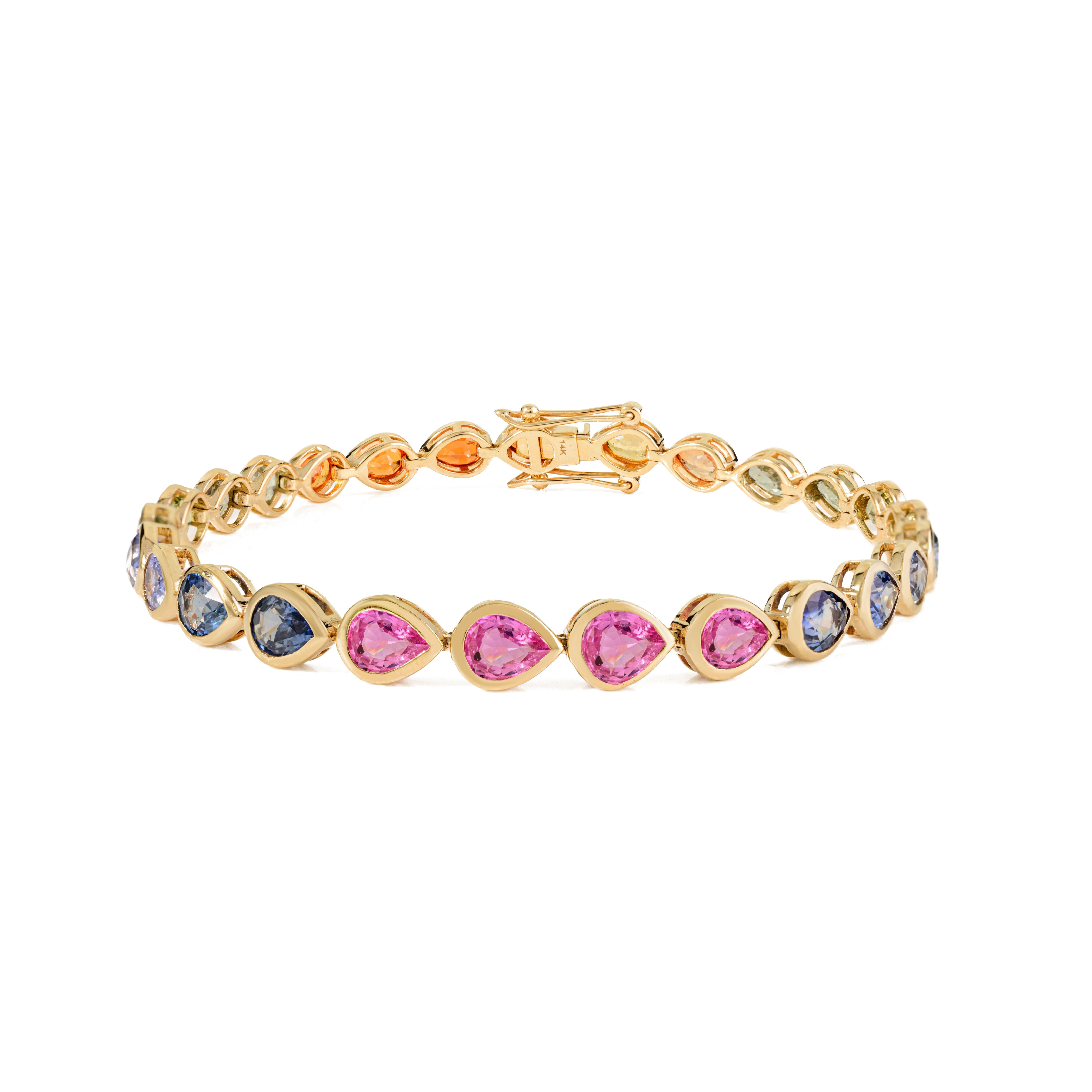 Handcrafted 10Ct Pear Natural Multi Sapphire Tennis Bracelet in 14k Yellow Gold For Sale 1