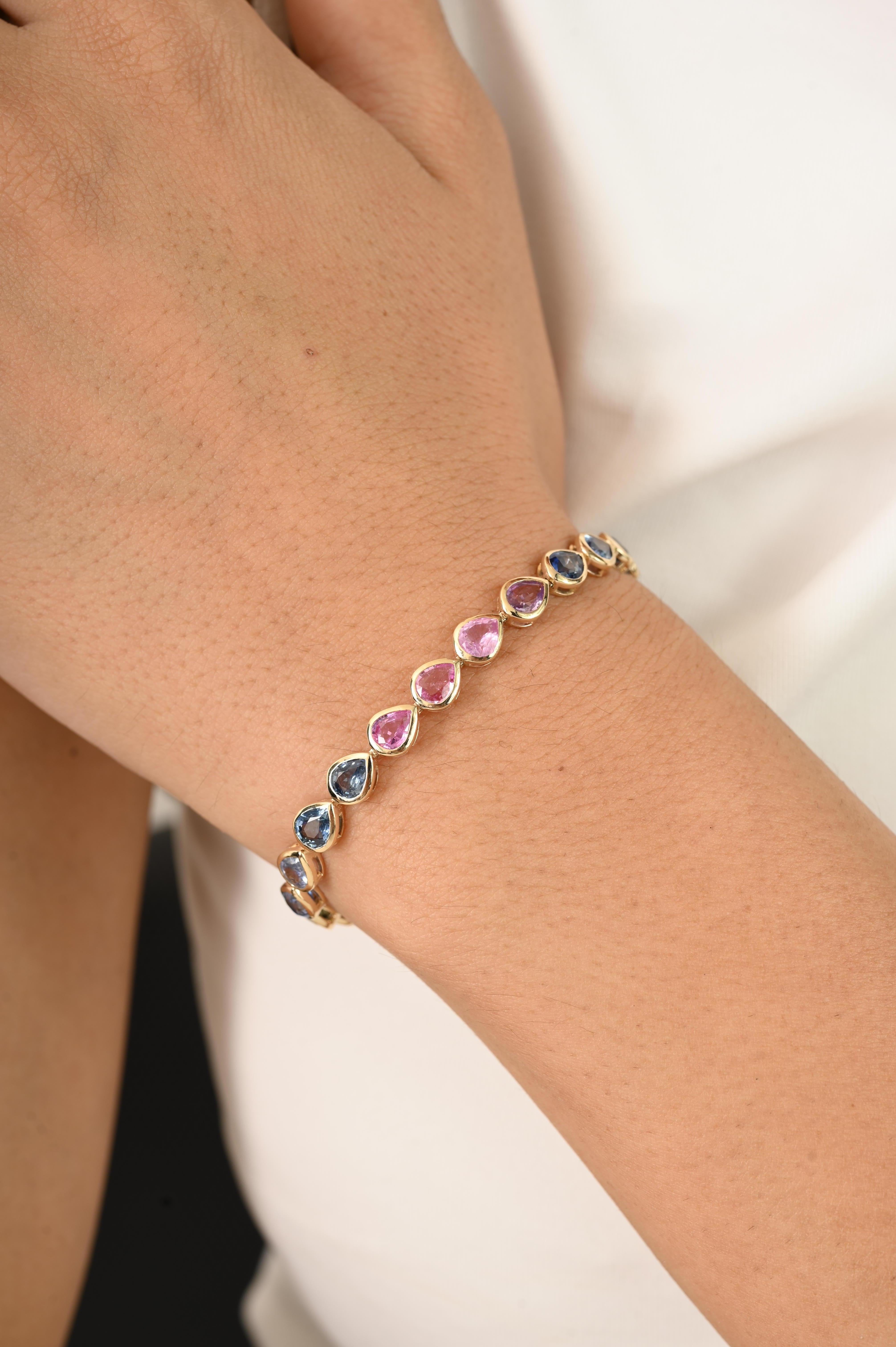 Handcrafted 10Ct Pear Natural Multi Sapphire Tennis Bracelet in 14k Yellow Gold For Sale 2