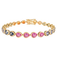Handcrafted 10Ct Pear Natural Multi Sapphire Tennis Bracelet in 14k Yellow Gold