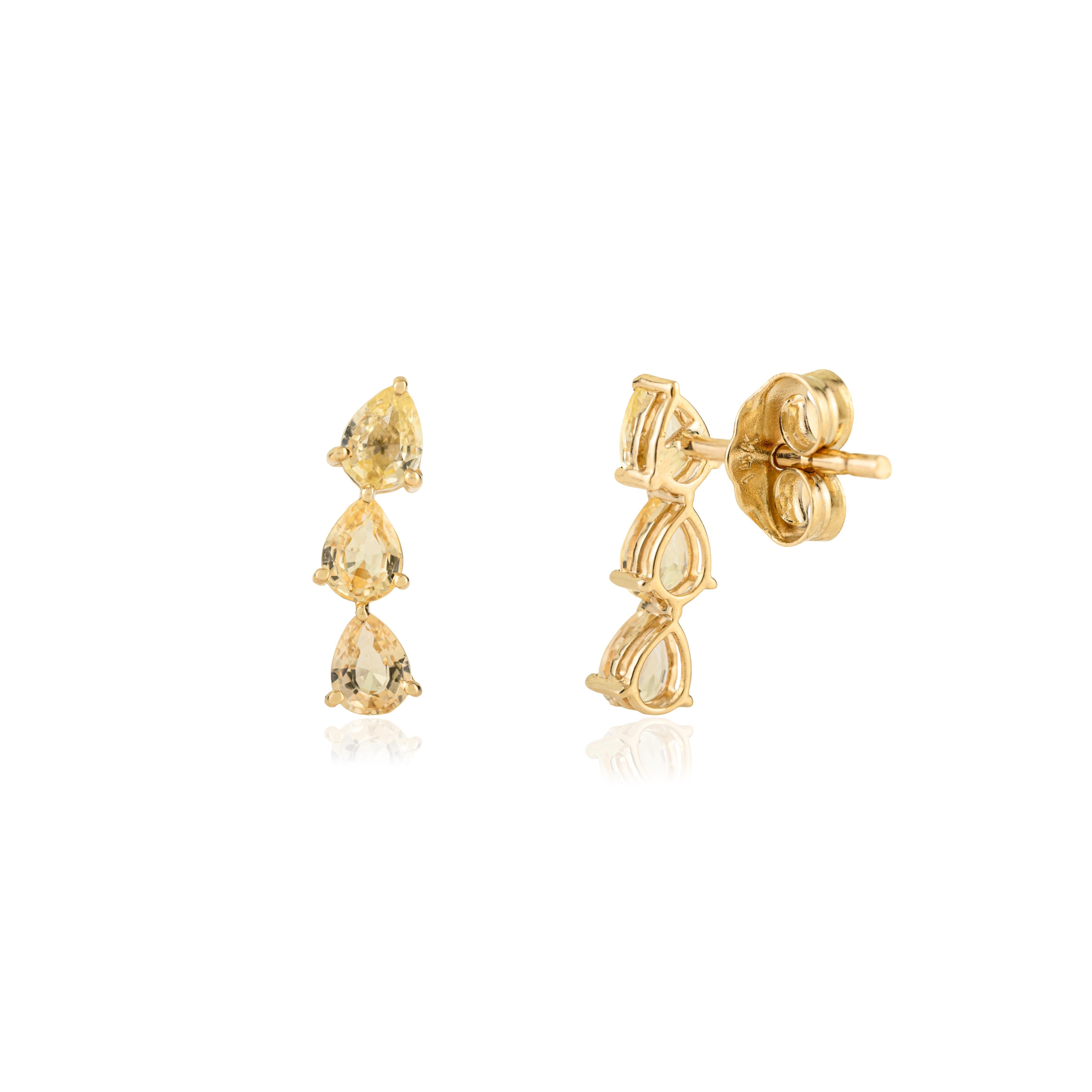 Art déco Boucles d'oreilles pendantes en or jaune 14K avec saphir en forme de poire de 1,16 ct fait à la main en vente