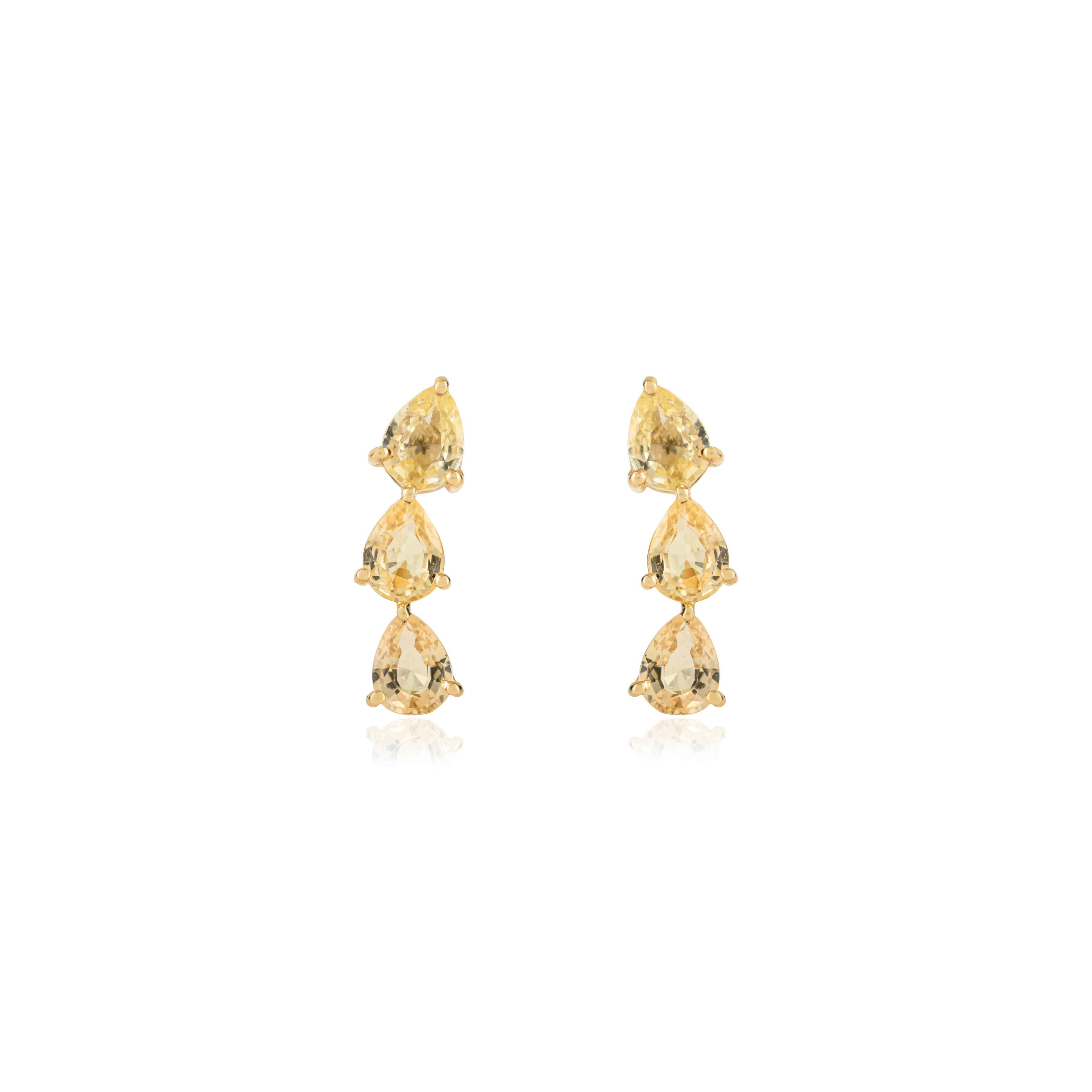 Boucles d'oreilles pendantes en or jaune 14K avec saphir en forme de poire de 1,16 ct fait à la main en vente 1