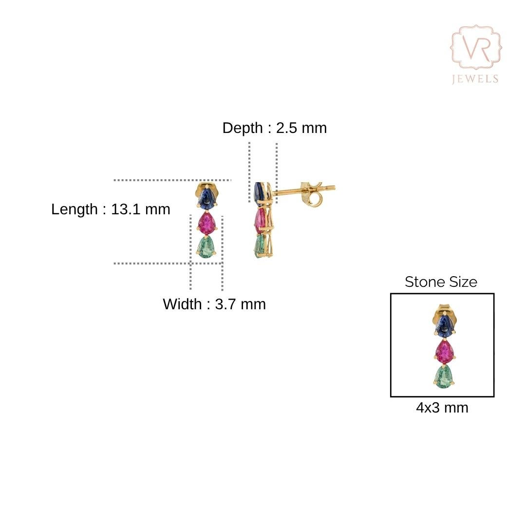 Boucles d'oreilles pendantes en or jaune 14K de 1.18Ct Emeraude Rubis & Saphir Bleu en vente 4