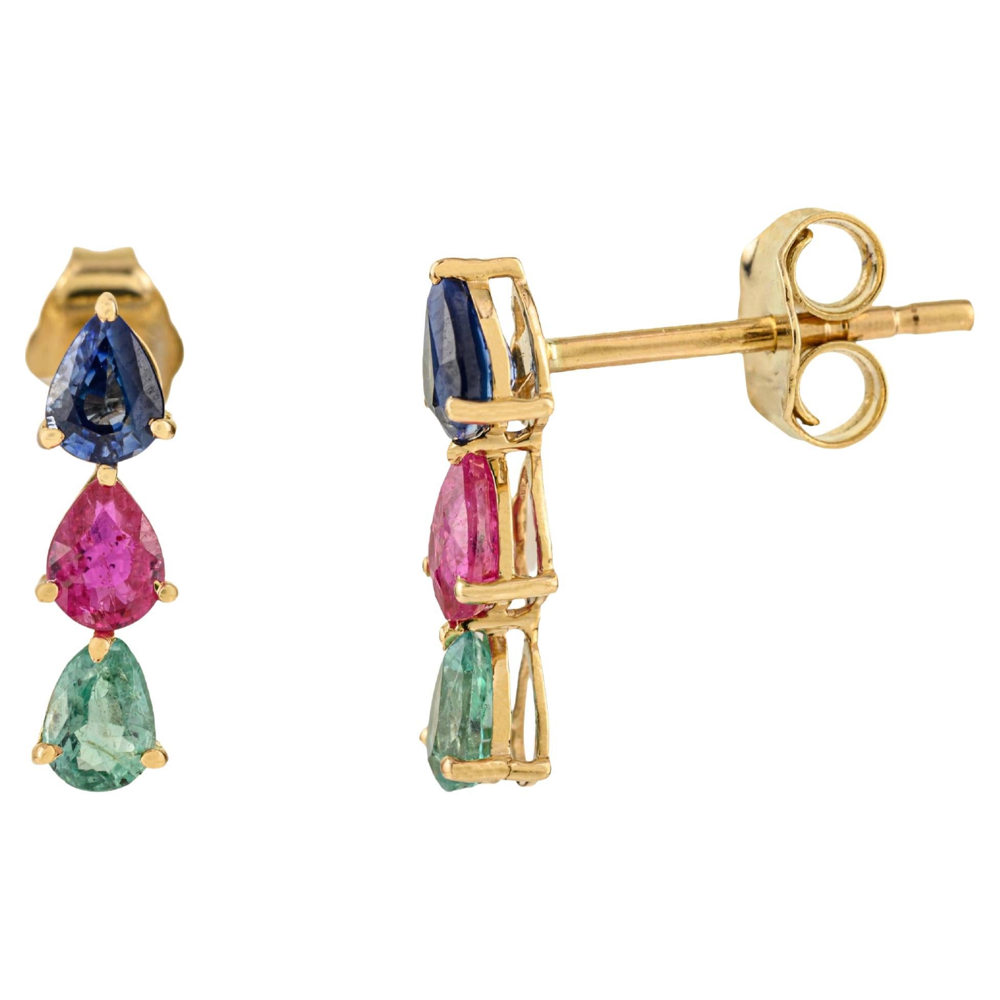 Handcrafted 1.18Ct Emerald Ruby 
Blue Sapphire Drop Earrings in 14K Yellow Gold