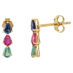 Handcrafted 1.18Ct Emerald Ruby 
Blue Sapphire Drop Earrings in 14K Yellow Gold
