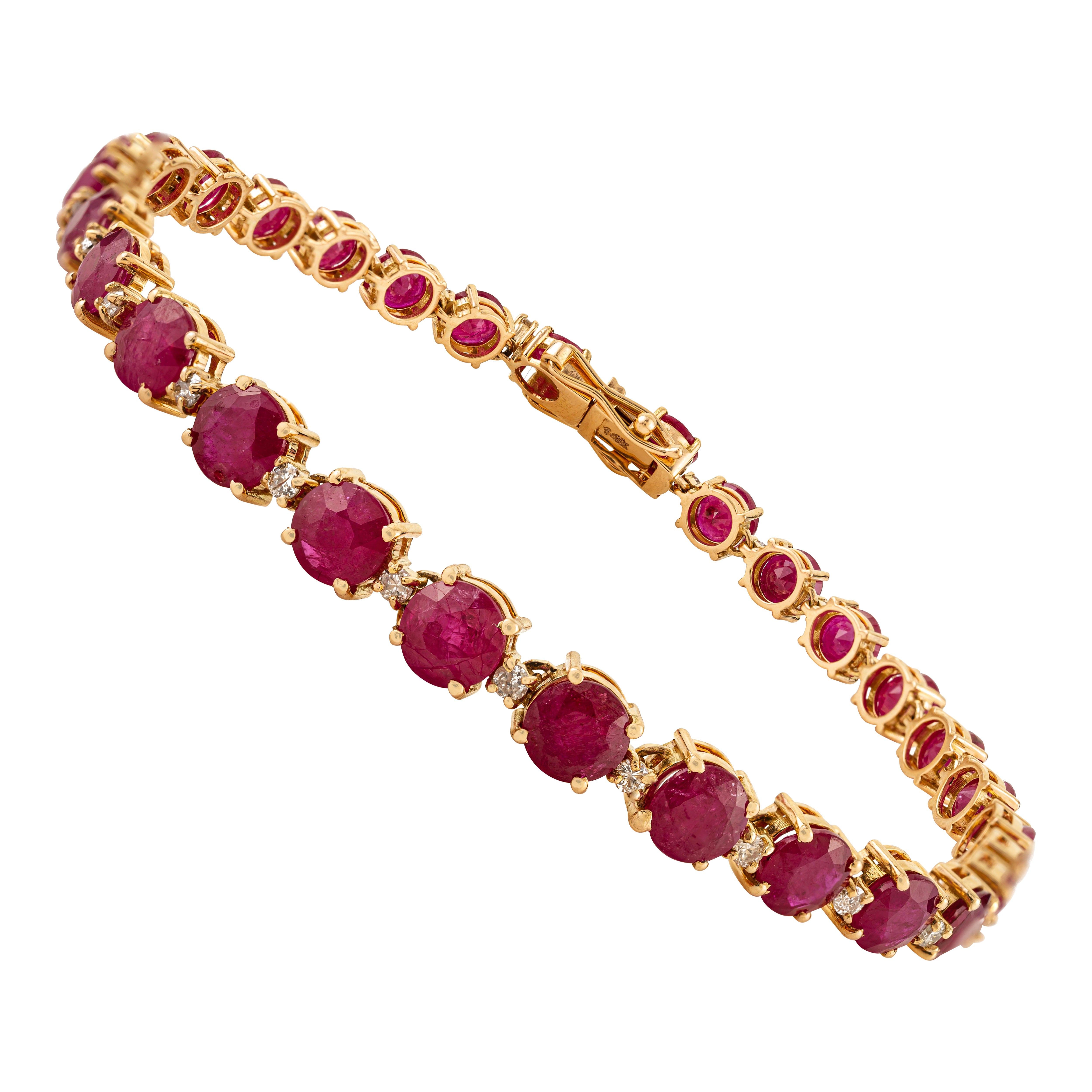 Bracelet de tennis en or jaune 18K avec rubis et diamants de 12,99 ct de taille ronde, fait à la main