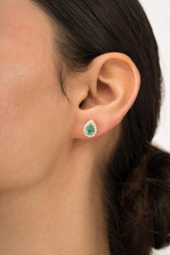 Handcrafted 1.37ct Pear Emerald & Diamond Halo Stud Earrings in 18K Yellow Gold