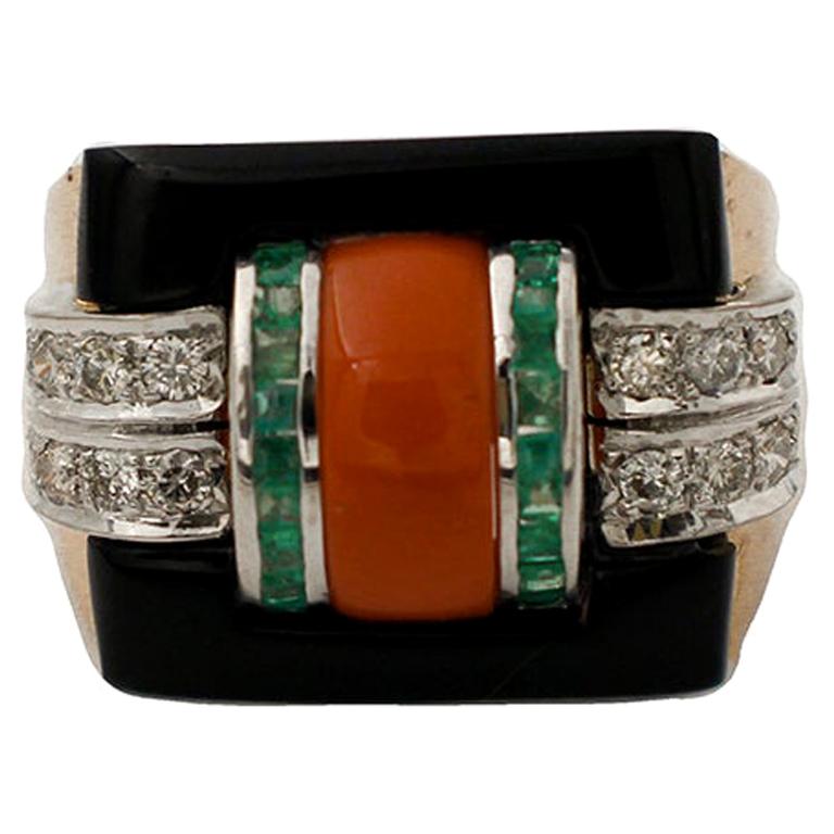 Handcrafted 14 Karat Rose and White Gold, Diamonds, Emeralds, Coral, Onyx Ring