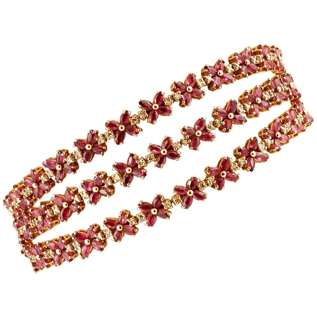 Handcrafted 14 Karat Rose Gold Diamonds, Rubies, Vintage Bracelet