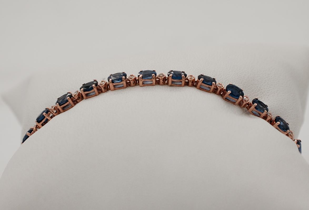Handcrafted 14 Karat Rose Gold, Diamonds, Sapphires, Tennis Bracelet at