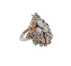 Handgefertigter Modering aus 14 Karat Weiß- und Roségold mit Diamanten, Opalen, Opalen