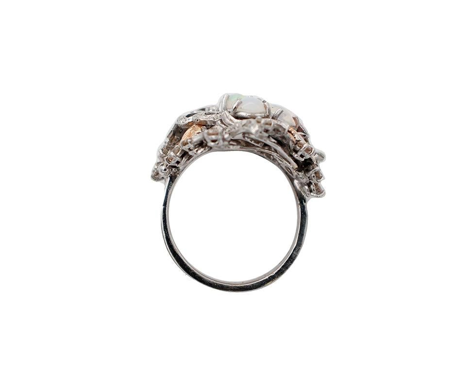 Round Cut Handcrafted 14 Karat White and Rose Gold, Diamonds, Opals, Fashion Ring For Sale