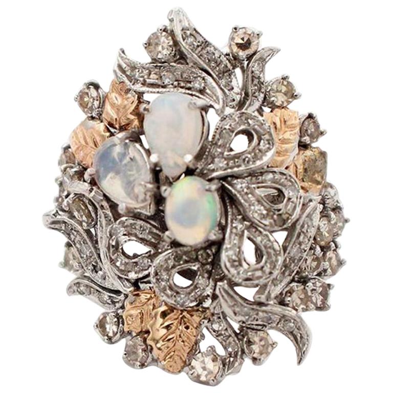 Handcrafted 14 Karat White and Rose Gold, Diamonds, Opals, Fashion Ring For Sale