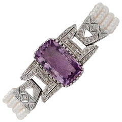 Bracciale artigianale in oro bianco 14 carati, diamanti, ametista, perle, A Link