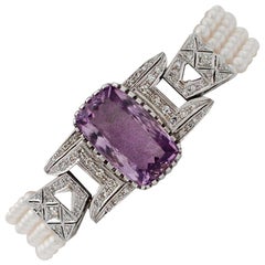 Retro Handcrafted 14 Karat White Gold, Diamonds, Amethyst, Pearls, Link Bracelet