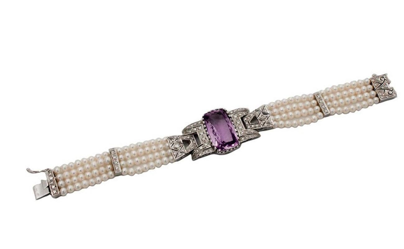 Retro Handcrafted 14 Karat White Gold, Diamonds, Amethyst, Pearls, Link Bracelet For Sale