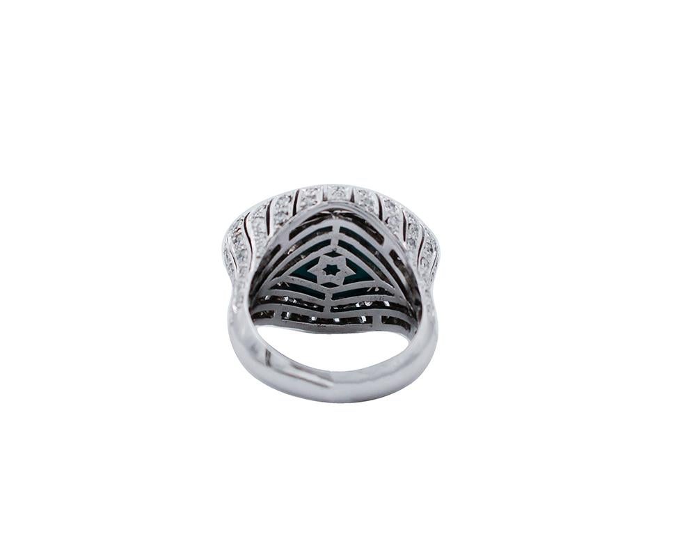Handgefertigter Ring aus 14 Karat Weißgold, Türkis, Diamanten, Ring (Retro) im Angebot