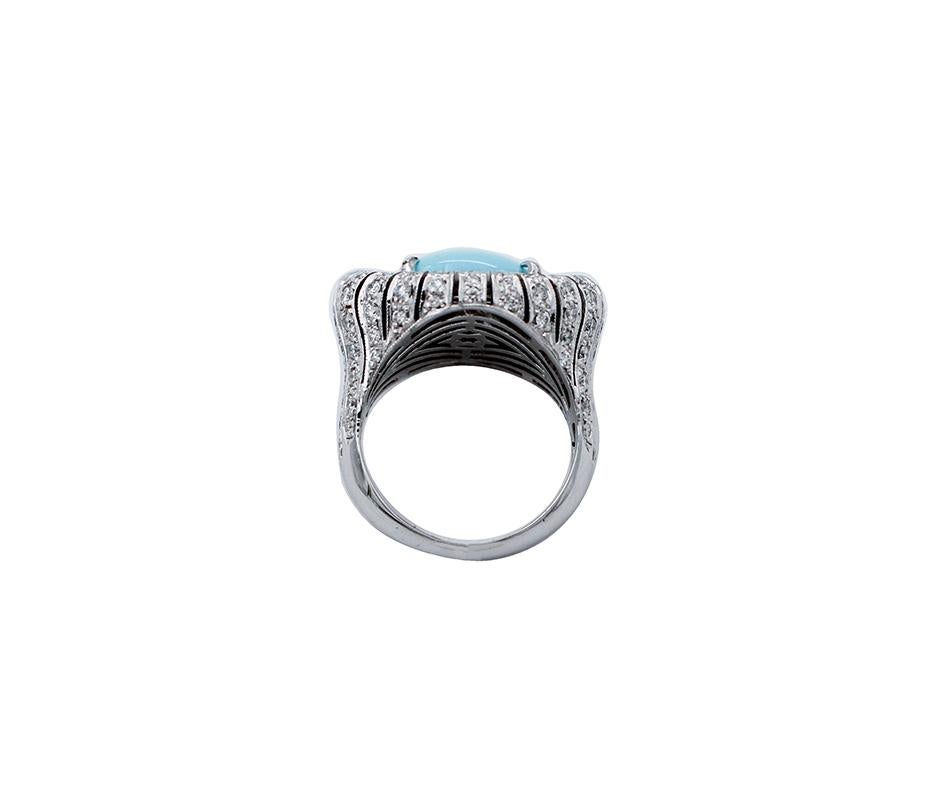 Handgefertigter Ring aus 14 Karat Weißgold, Türkis, Diamanten, Ring (Rundschliff) im Angebot