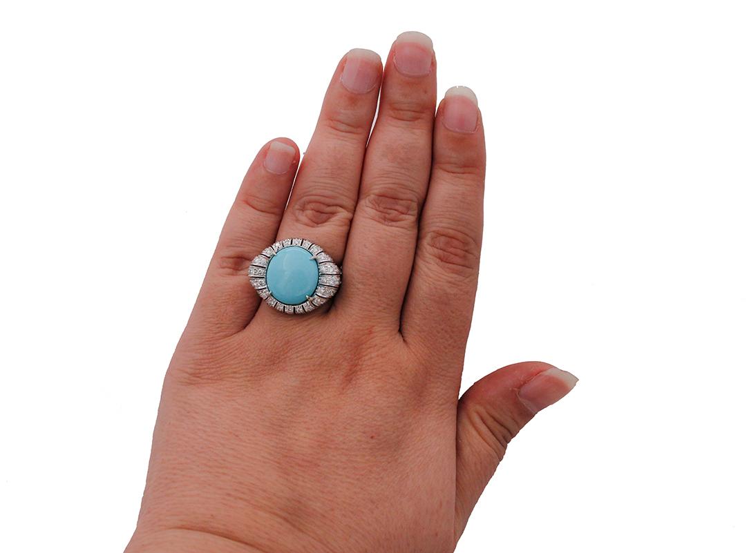 Handgefertigter Ring aus 14 Karat Weißgold, Türkis, Diamanten, Ring im Zustand „Gut“ im Angebot in Marcianise, Marcianise (CE)