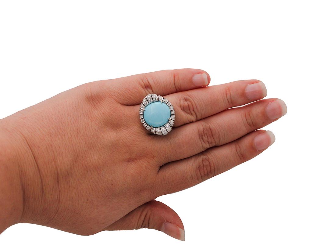 Women's Handcrafted 14 Karat White Gold, Turquoise, Diamonds, Ring For Sale