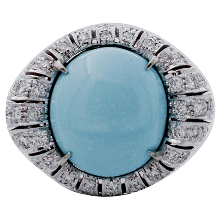 Handcrafted 14 Karat White Gold, Turquoise, Diamonds, Ring For Sale