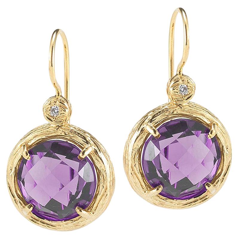 Handcrafted 14 Karat Yellow Gold Amethyst Color Stone Drop Earrings For Sale