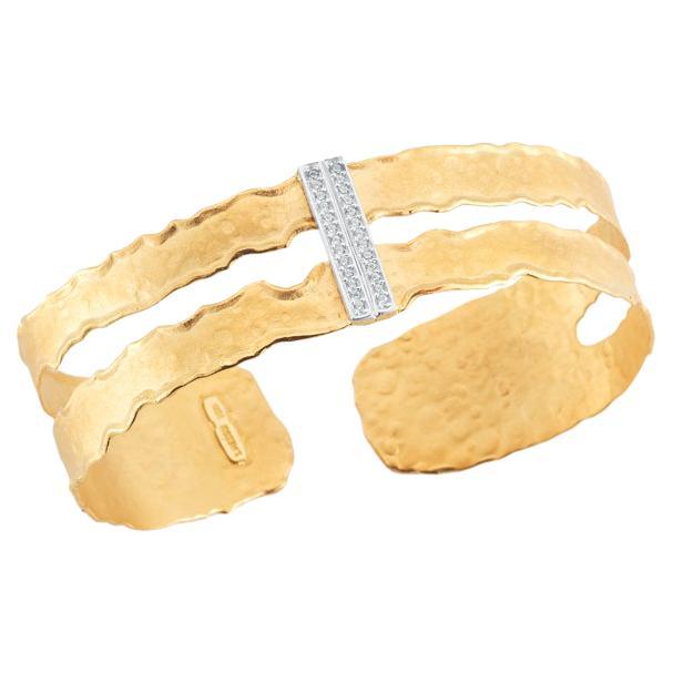 Handcrafted 14 Karat Yellow Gold Cutout Cuff Bracelet For Sale