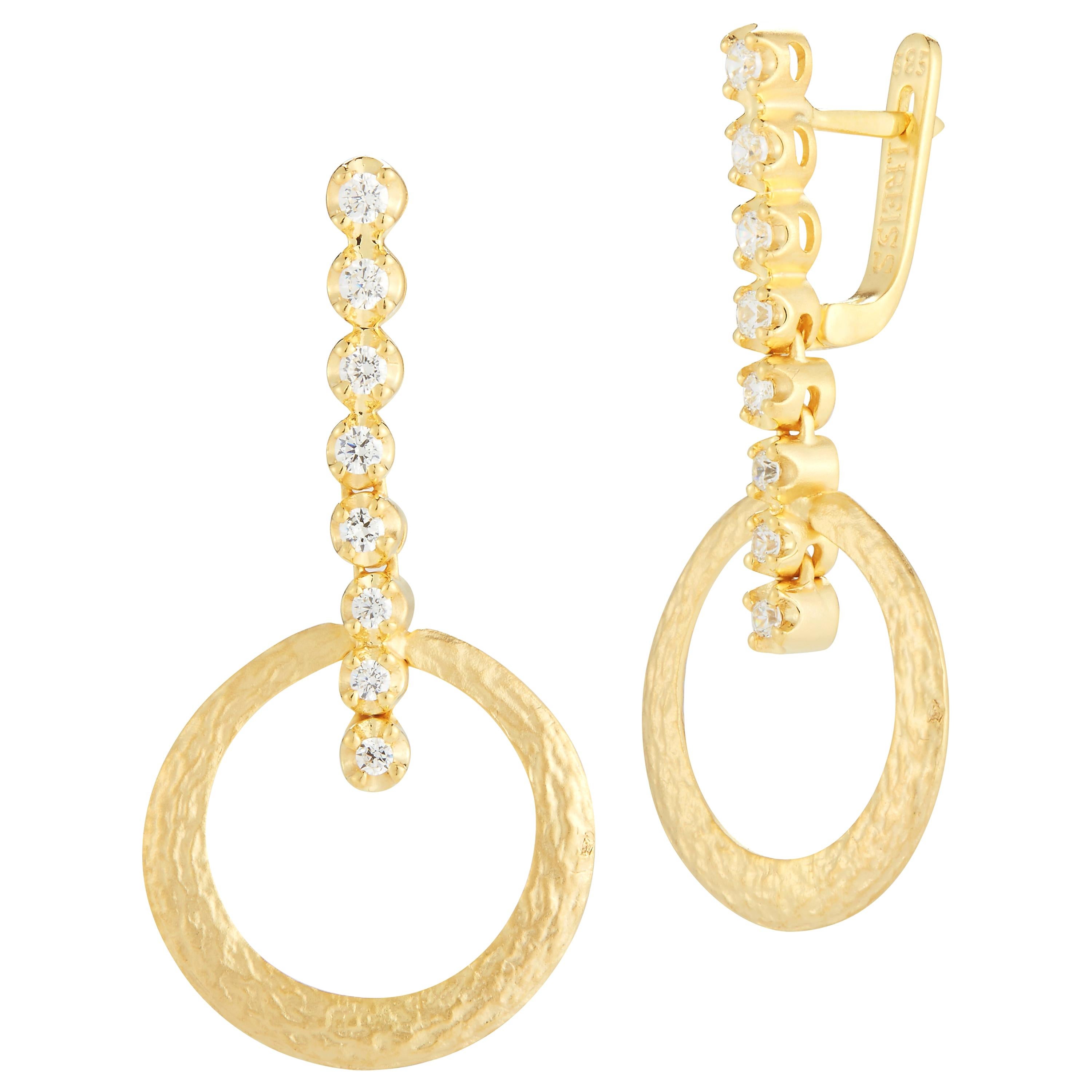 Handcrafted 14 Karat Yellow Gold Dangling Open Circle Earrings For Sale