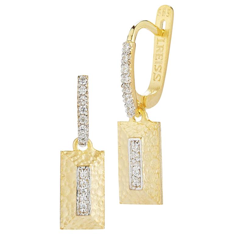 Handcrafted 14 Karat Yellow Gold Dangling Rectangle-Shaped Earrings For Sale