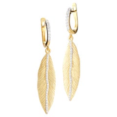 Handcrafted 14 Karat Yellow Gold Dangling Textured Feather Earrings