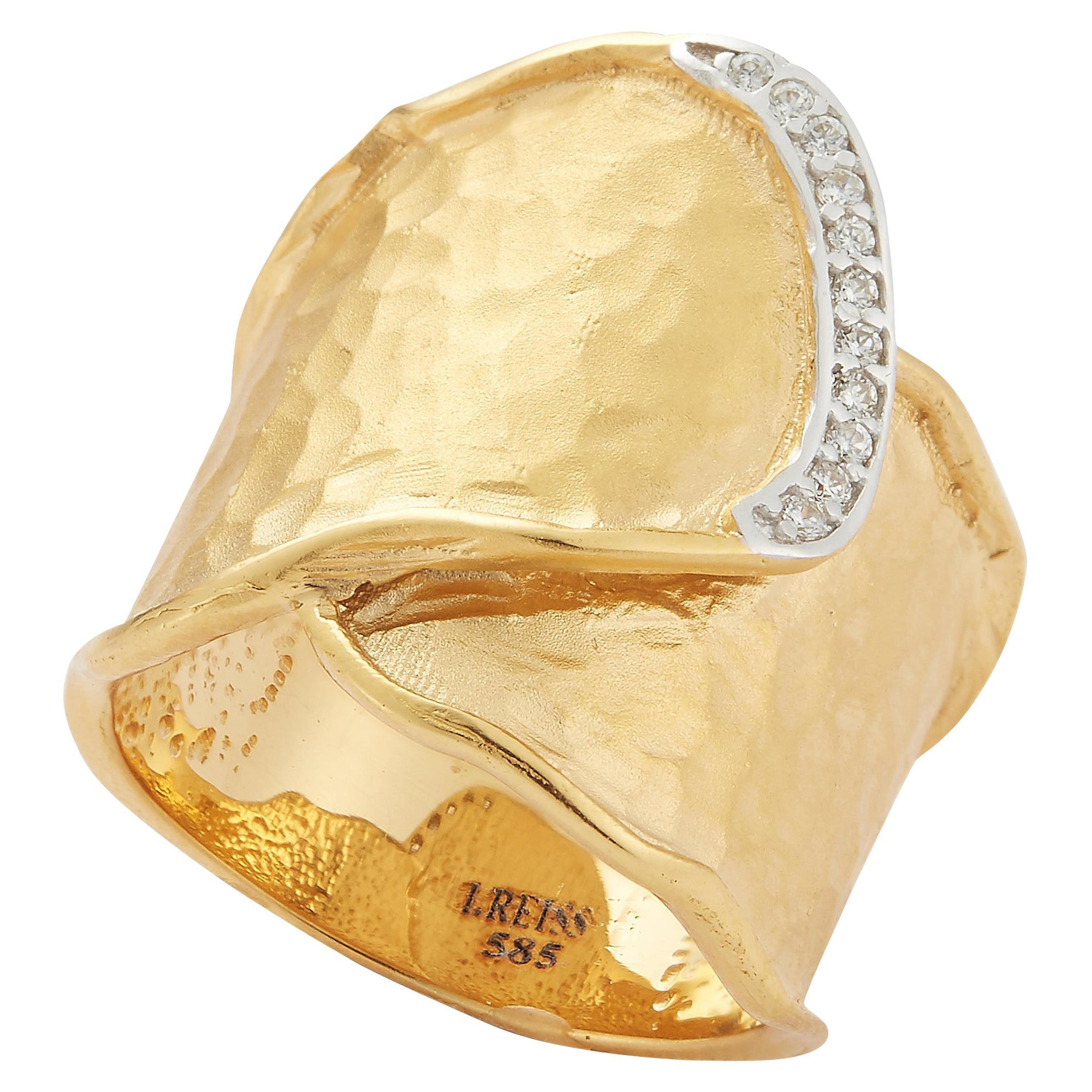 For Sale:  Handcrafted 14 Karat Yellow Gold Fold-Over Hammered Cigar Ring