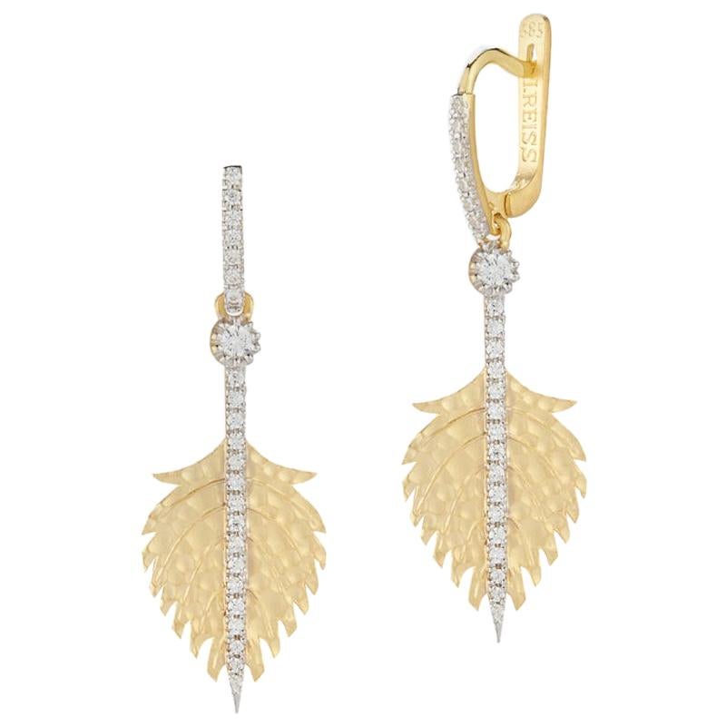 Handcrafted 14 Karat Yellow Gold Hammer-Finished Dangling Feather Earrings For Sale