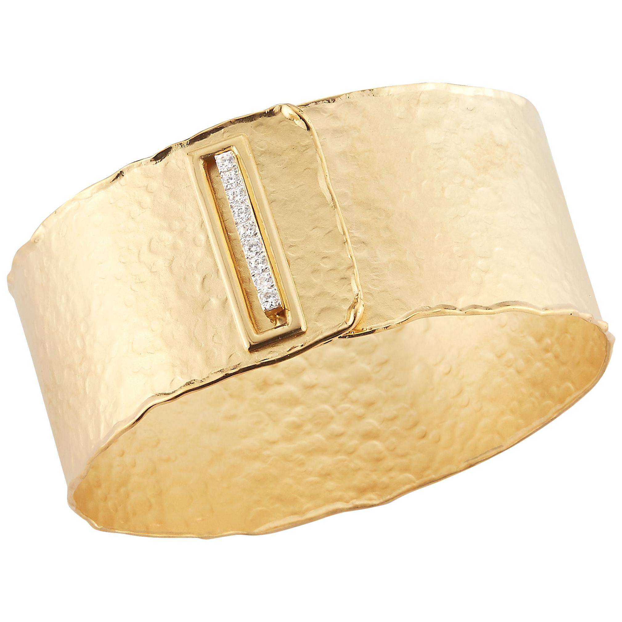 Handcrafted 14 Karat Yellow Gold Hammered Buckle Closure Cuff Bracelet For Sale