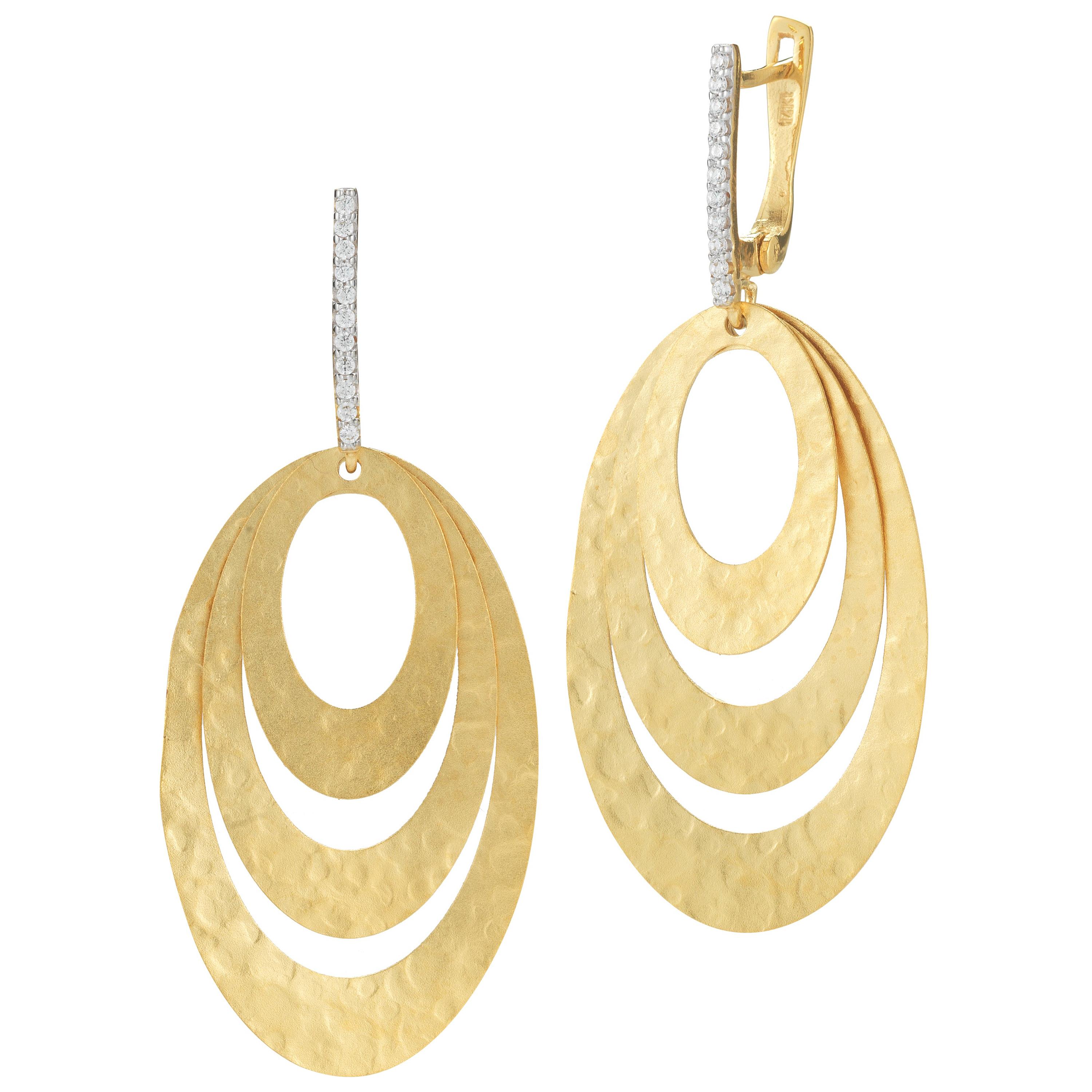 Handcrafted 14 Karat Yellow Gold Hammered Cascading Oval Earrings For Sale