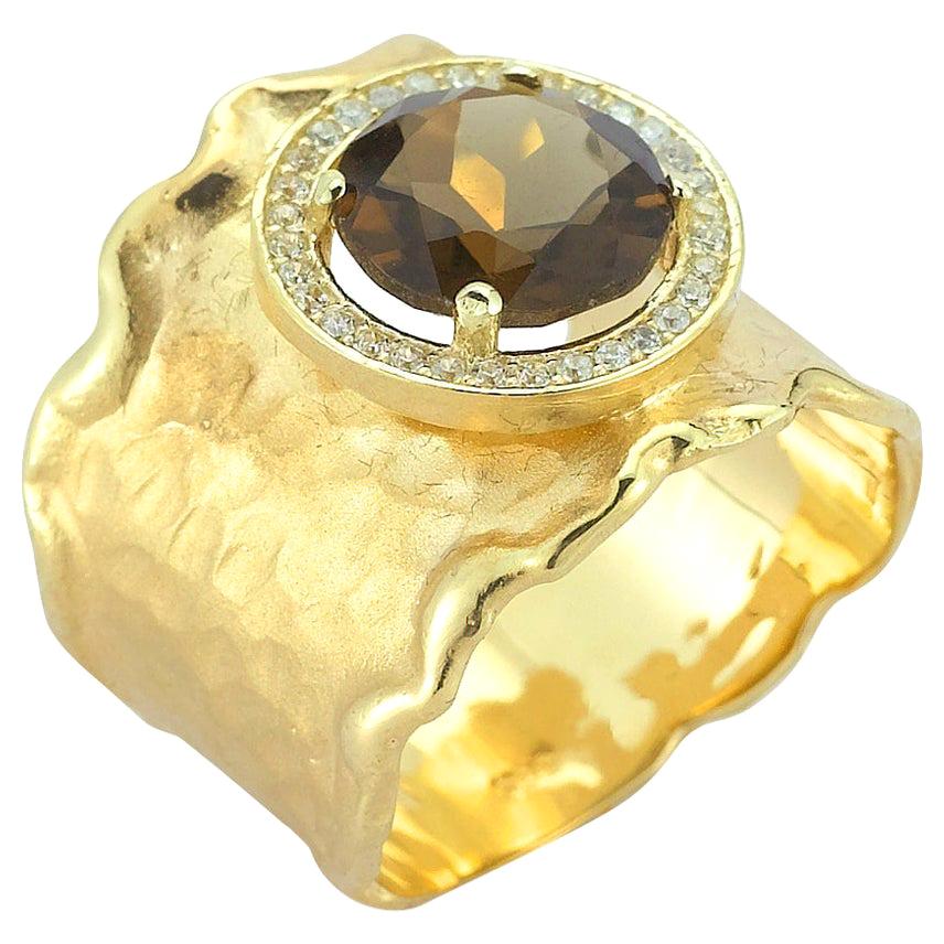 Handcrafted 14 Karat Yellow Gold Hammered Color Stone Cigar Ring
