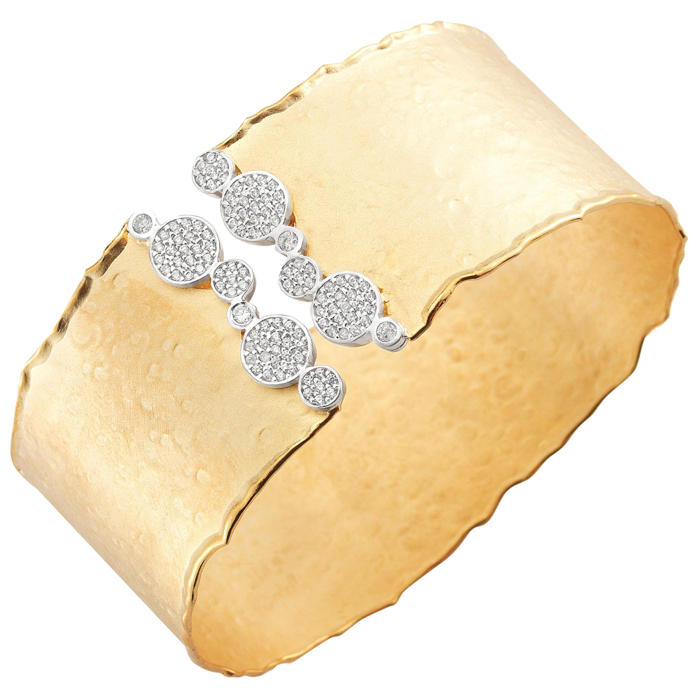 Handcrafted 14 Karat Yellow Gold Hammered Cuff Bracelet For Sale