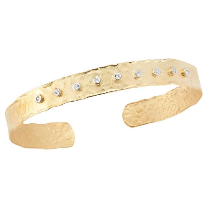 Handcrafted 14 Karat Yellow Gold Hammered Cuff Bracelet For Sale