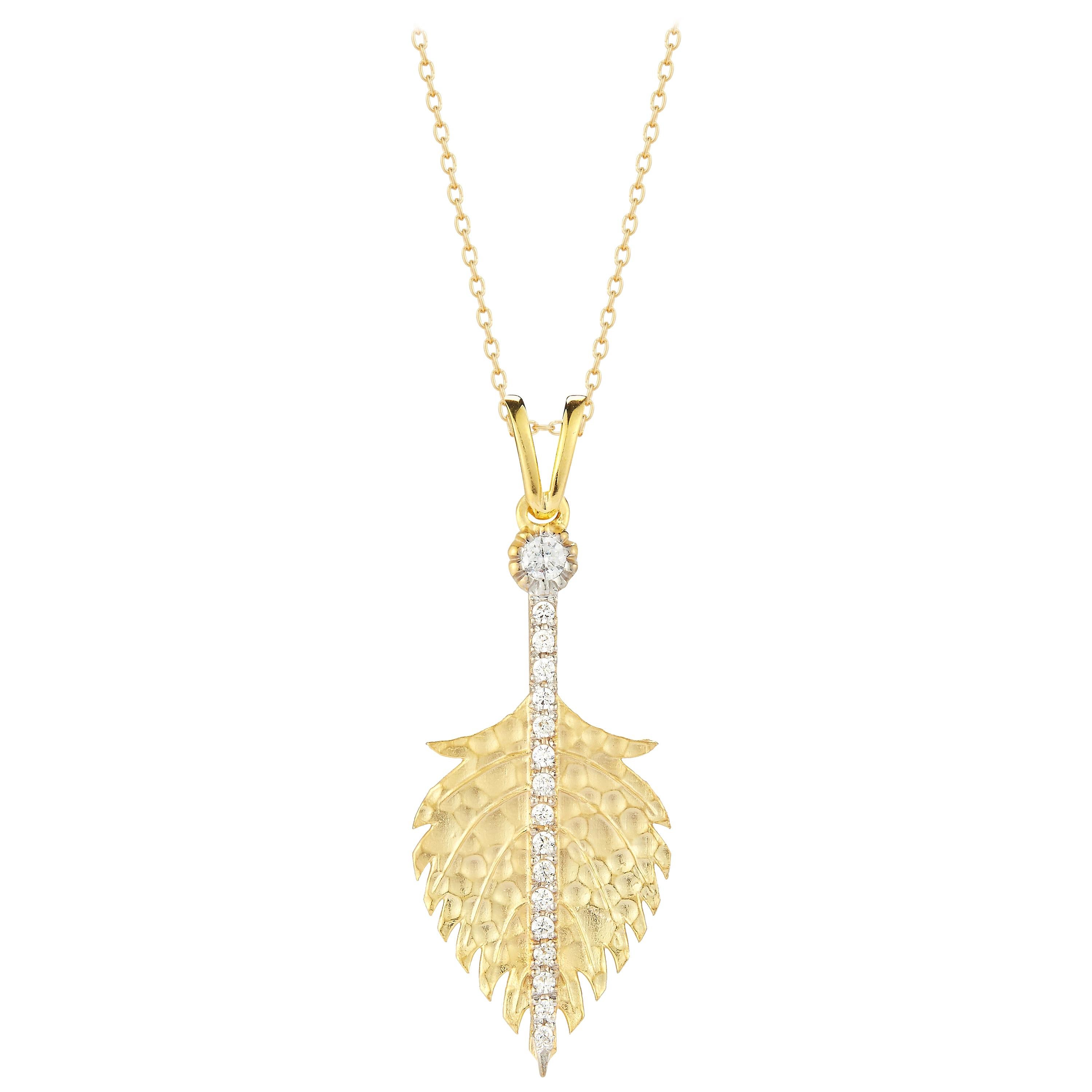 Handcrafted 14 Karat Yellow Gold Hammered Feather Pendant