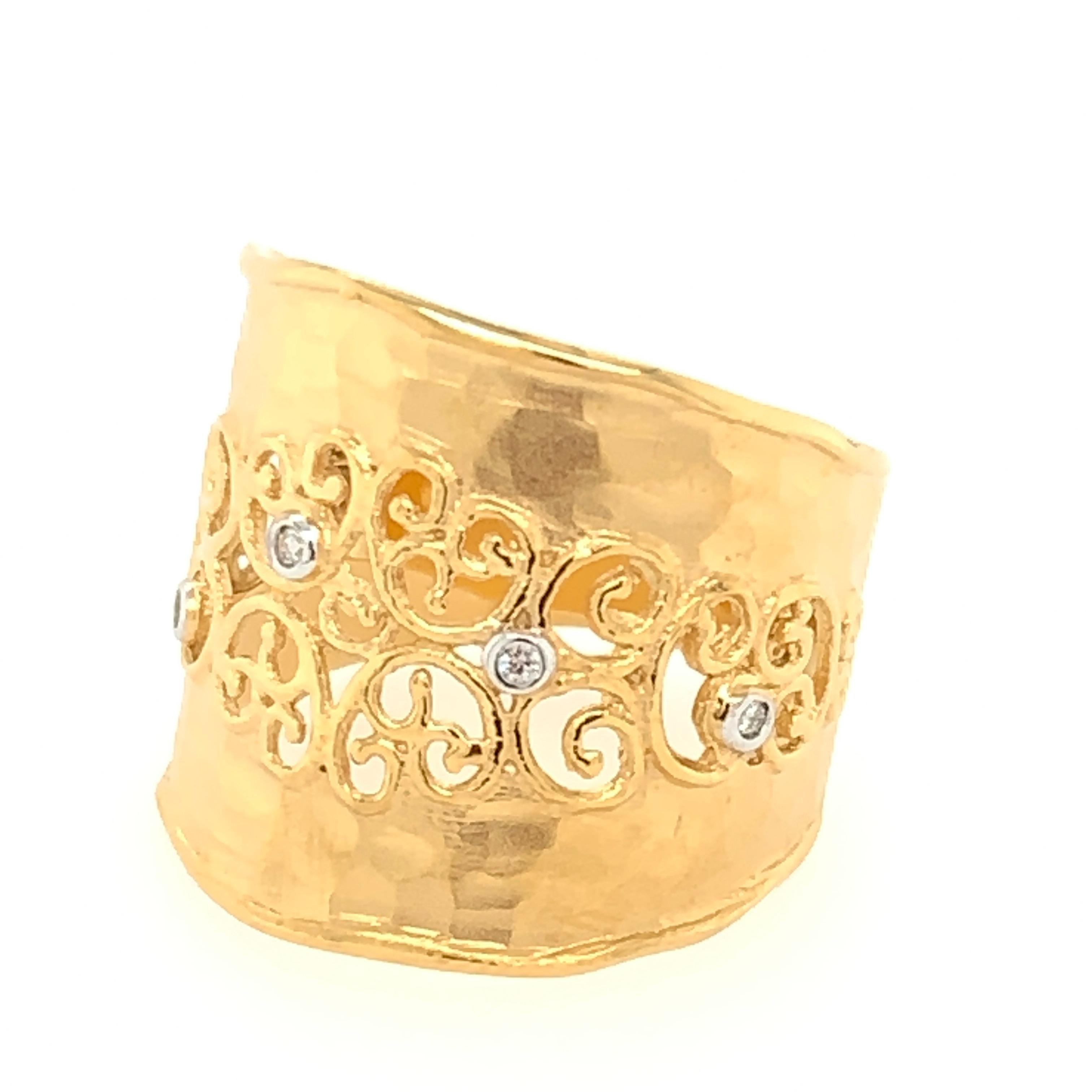 Round Cut Handcrafted 14 Karat Yellow Gold Hammered Filigree Cigar Ring