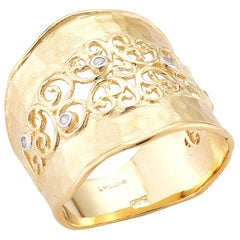 Handcrafted 14 Karat Yellow Gold Hammered Filigree Cigar Ring