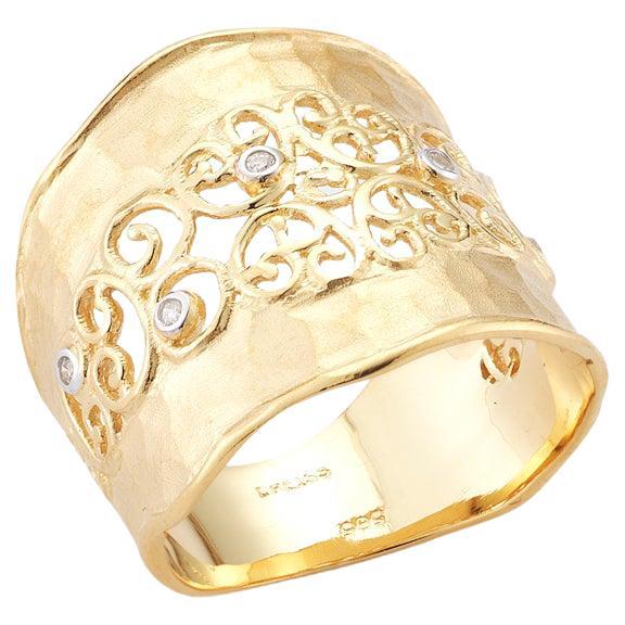 For Sale:  Handcrafted 14 Karat Yellow Gold Hammered Filigree Cigar Ring