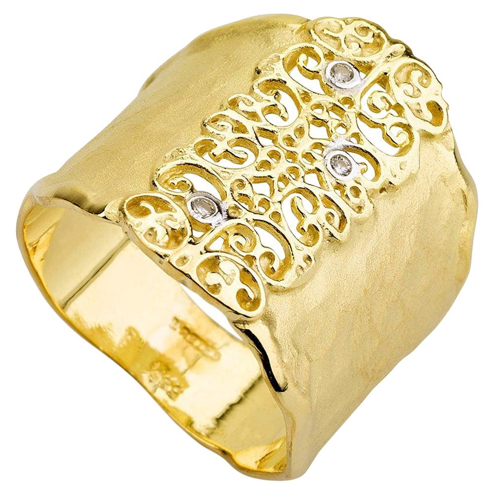 For Sale:  Handcrafted 14 Karat Yellow Gold Hammered Filigree Ring