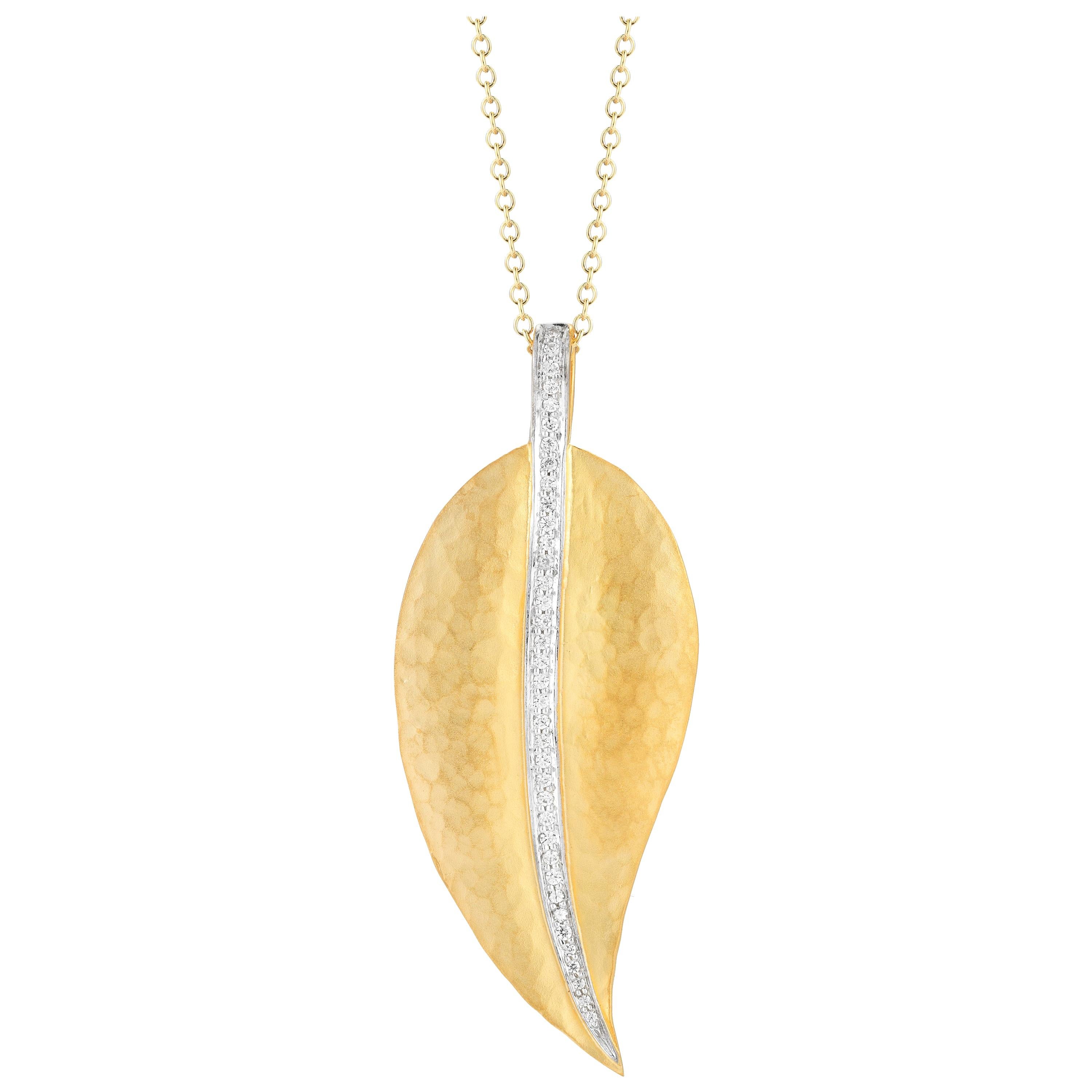 Handcrafted 14 Karat Yellow Gold Hammered Leaf Pendant, Accented with Diamonds For Sale