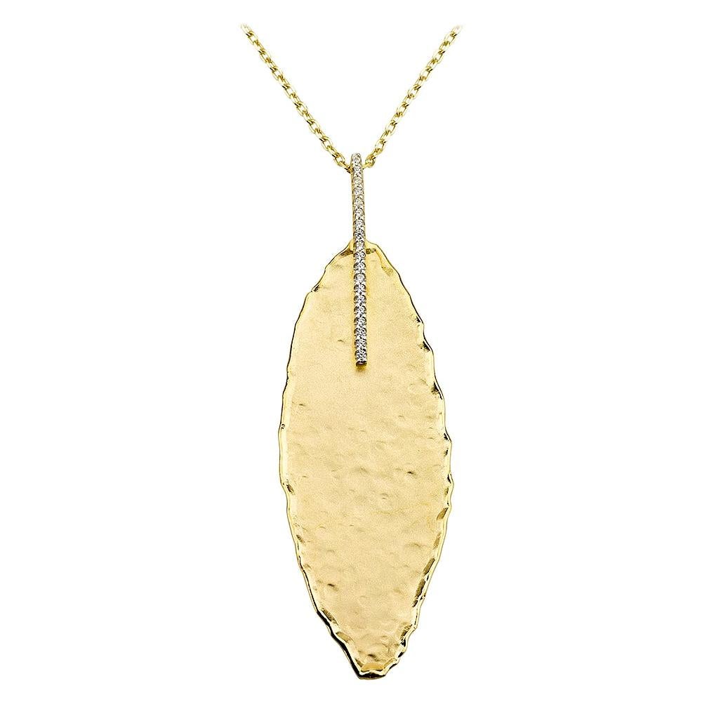 Handcrafted 14 Karat Yellow Gold Hammered Leaf Pendant, Accented with Diamonds For Sale