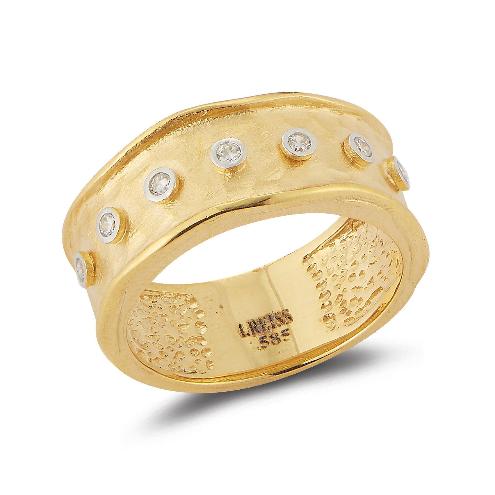 For Sale:  Handcrafted 14 Karat Yellow Gold Hammered Narrow Rings with Bezel Diamonds 2