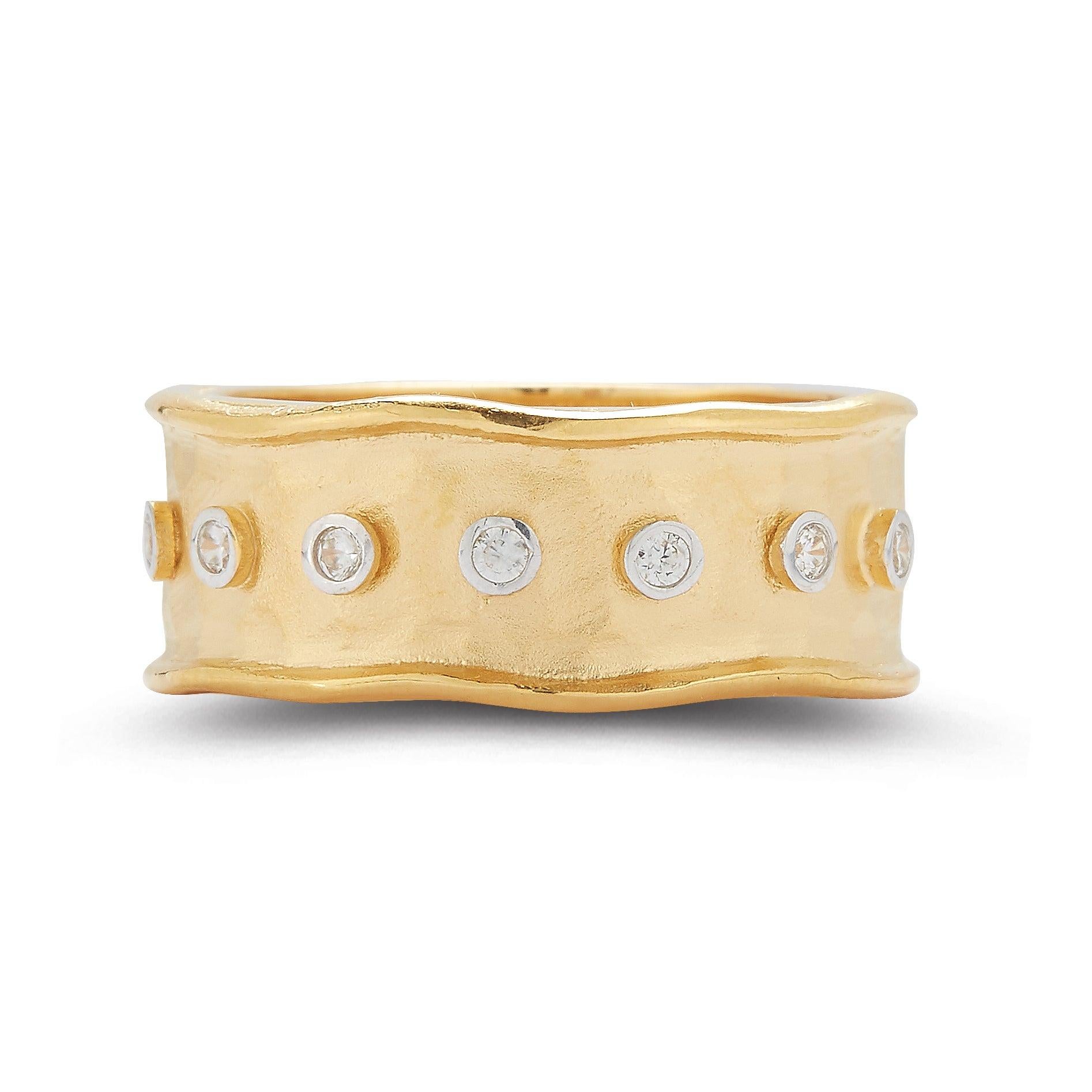 For Sale:  Handcrafted 14 Karat Yellow Gold Hammered Narrow Rings with Bezel Diamonds 3