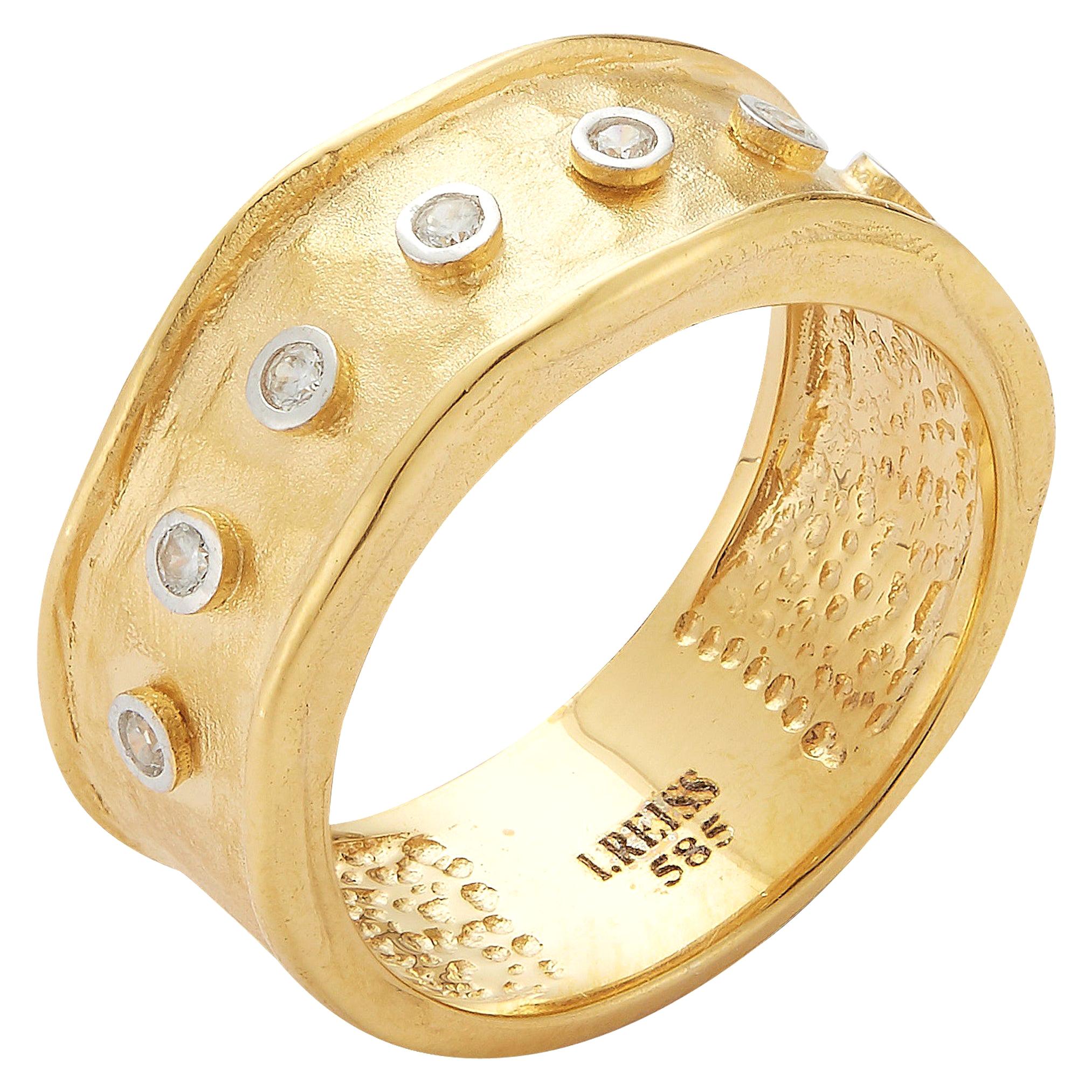 Handcrafted 14 Karat Yellow Gold Hammered Narrow Rings with Bezel Diamonds