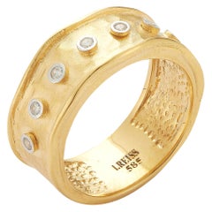 Handcrafted 14 Karat Yellow Gold Hammered Narrow Rings with Bezel Diamonds
