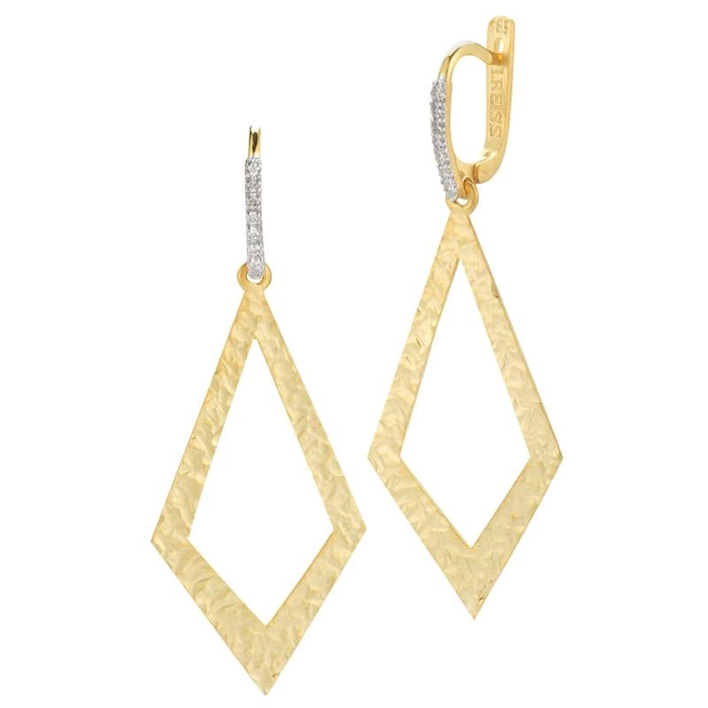 Handcrafted 14 Karat Yellow Gold Hammered Open Diamond Dangling Earrings For Sale
